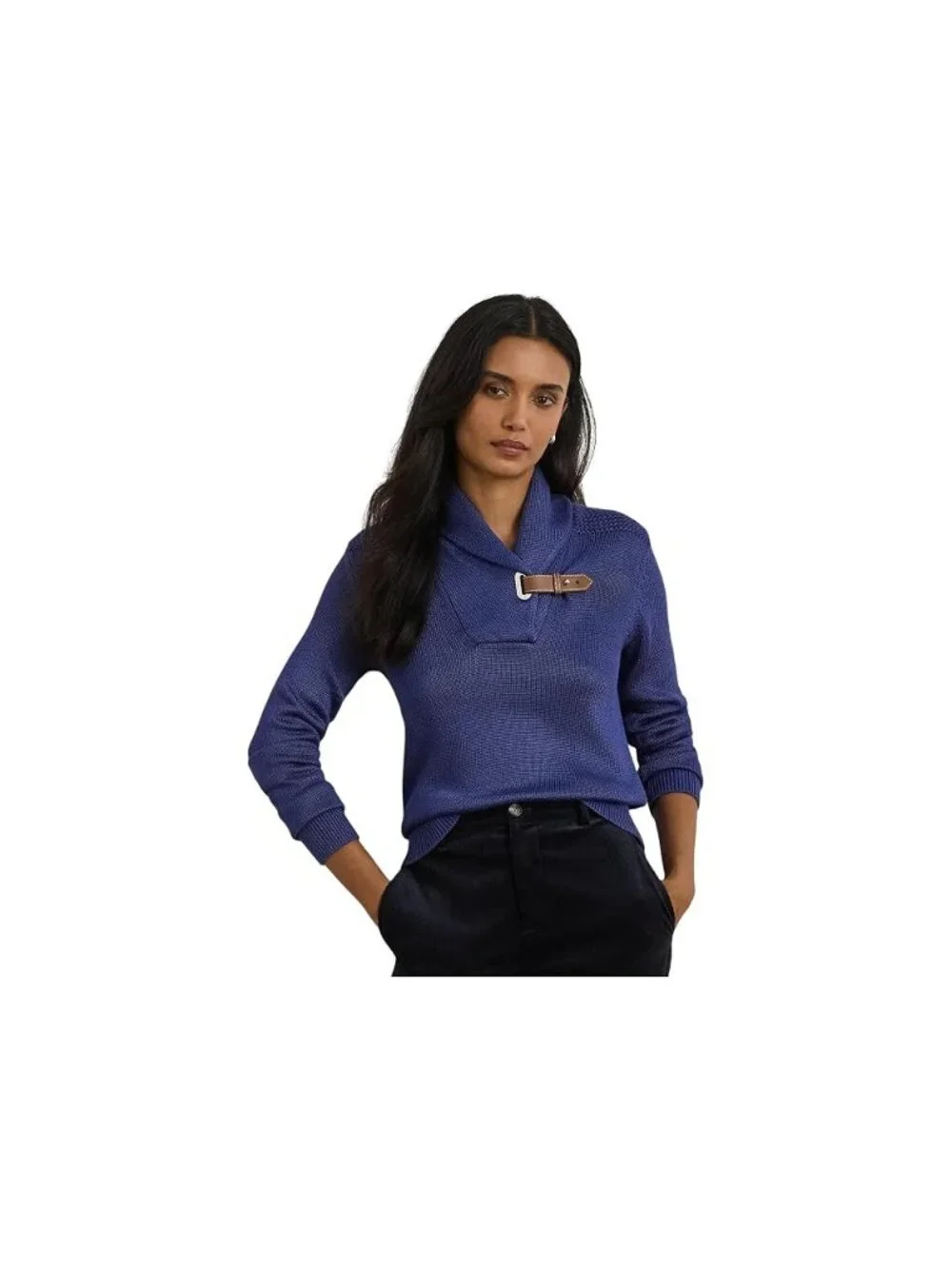 NWT Lauren Ralph Lauren Buckle-Trim Cotton-Blend Sweater Charter Blu Size Large